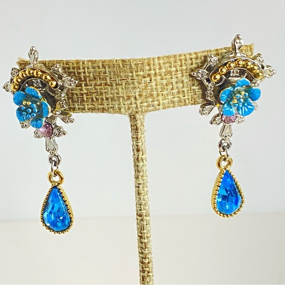 Vintage 1928 Blue Floral Drop Earrings Pink Accent Teardrop Crystal 2" - Picture 4 of 9